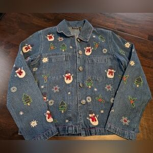 NorthCrest VTG Festive Denim Jacket with Holiday Embroidery, Women's Small